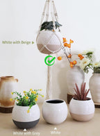 TAMAYKIM 6 Inch Ceramic Hanging Plant Pot with Macrame Plant Hanger, Drum Shape Small Flower Planter for Indoor Outdoor, Balcony Garden Decor, White with Beige