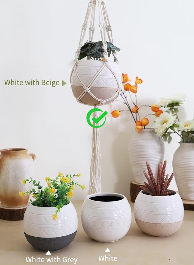 TAMAYKIM 6 Inch Ceramic Hanging Plant Pot with Macrame Plant Hanger, Drum Shape Small Flower Planter for Indoor Outdoor, Balcony Garden Decor, White with Beige