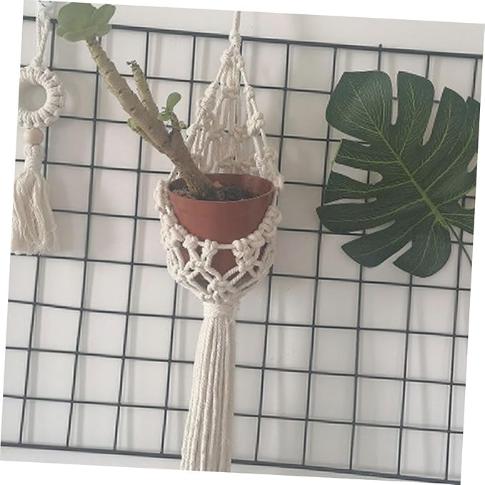 Handmade Cotton Rope Hanging Planter Bohemian Style Indoor Wall Decor for Succulents and Flower Pots Woven Sling Basket for Balcony and Office