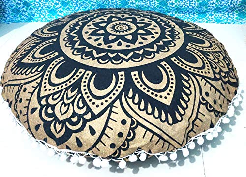 CRAFT KALA Mandala Floor Pillow Cushion Cover Seating Throw Cover Hippie Decorative Bohemian Ottoman Poufs Pom Pom Pillow Cases Boho Indian Cotton Living Room Home Décor 24" Round Black Gold Flower - color: Black Gold Flower, size: 24" x 24" (Pack of 1)