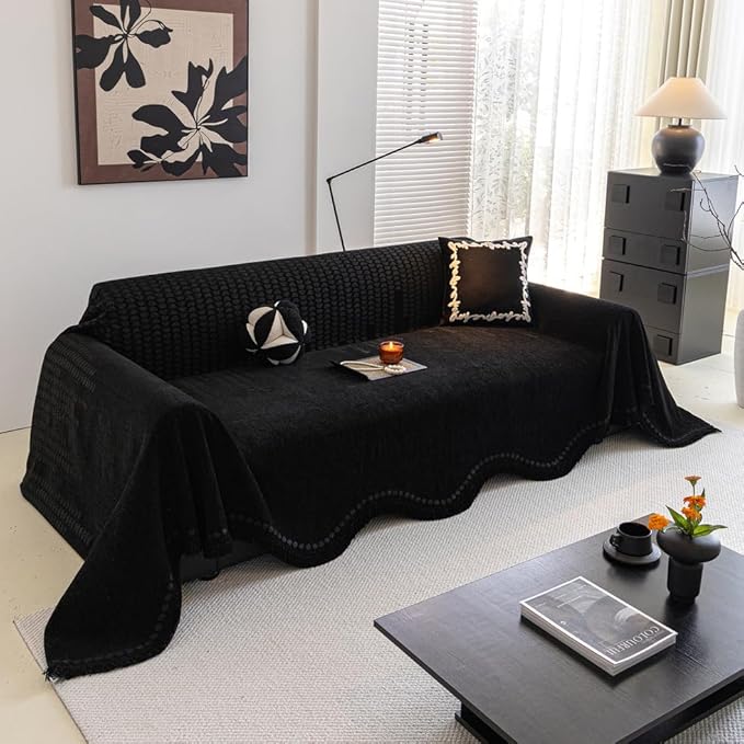 ROOMLIFE Black Sofa Cover, Vintage Boho Couch Cover for 3 Cushion Sofa, Non Slip Soft Chenille Sofa Slipcovers for Dog, Washable Furniture Sofa Protector Cover with Tassel for Living Room, 71''X118”