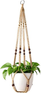 Mkono Macrame Plant Hangers Indoor Jute Hanging Planter Basket and Ceiling Hooks, Wood Beads Decorative Flower Pot Holder for Indoor Outdoor Boho Home Decor,Brown