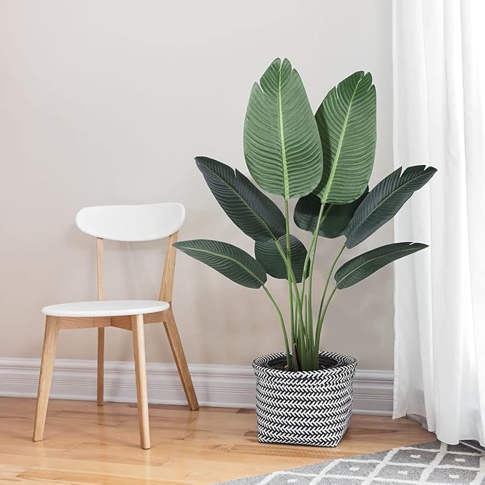 Artificial Bird of Paradise Plants 4 Ft Fake Tropical Tree with Woven Basket, Faux Banana Leaf Plant for Home Indoor Outdoor Office Modern Decor Green 2 Set