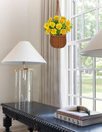 Artificial Daisy Flowers with Hanging Woven Basket, Sunny Faux Chrysanthemums in Fake Rattan Planter with Rope, Realistic Floral Arrangement for Home Porch Patio Balcony Summer Farmhouse Decor, Yellow