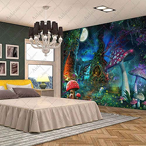 Aidatain Fantasy Mushroom Forest Tapestry for Teen Girl Magical Tree of Life House Full Moon Wall Hanging Fairy Tale World Tapestries Flannel Large Size 80" 60" Wall Decor Bedroom Living Room GTCCAT1 - color: Colorful