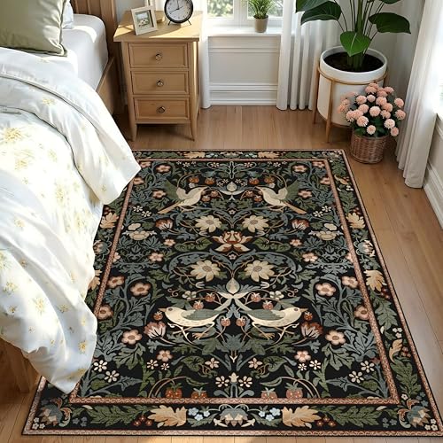 5'x7' Area Rugs Washable,Boho Rug for Living Room Bedroom,Large Farmhouse Botanical Bohemian Distressed Oriental Carpet Non Slip,Black Floral Bird - color: Black Floral Bird, size: 5'x7'