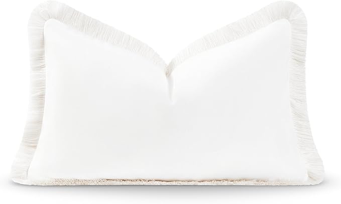 Hofdeco Premium Patio Indoor Outdoor Lumbar Pillow Cover Only, 12"x20", Water Resistant, Solid with White Fringe for Backyard and Couch