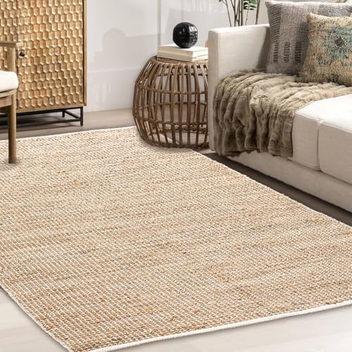 Chardin home 5x7 Jute Cotton Handwoven Area Rug | Braided Boho Farmhouse Rug in Natural Jute/Ivory | Rustic Vintage Floor Covering for Living Room, Bedroom, Kitchen, and Entryway - color: Natural Jute-ivory, size: 5' x 7' (Rectangular)