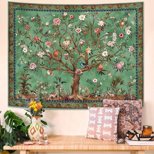 Faxdong Boho Tree of LIfe Tapestry, Vintage Flower Leaves Birds Plant Animal Pattern Tapestries, Retro Indian Bohemian Aesthetic Wall Hanging Green 44×60 inch - color: Green, size: 60"L x 44"W