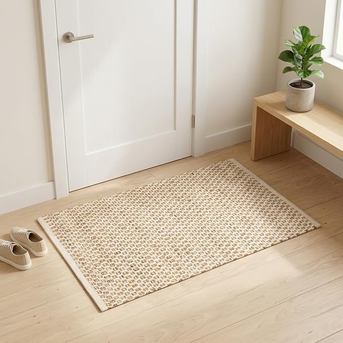 Jute Cotton Hand Woen Rug 2x3 Feet - Natural, Farmhouse Boho Neutral Fiber Floor Rugs Ideal for Entryway, Kitchen, Bedroom, Nursary Room | Beige Reversible Small Area Door Mat for Indoor Outdoor Use