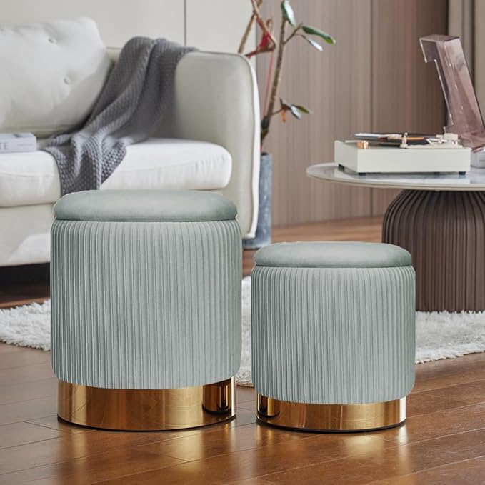 Round Ottoman with Storage Set of 2 Upholstered Velvet Vanity Stool for Living Room Storage Ottomans Multifunctional Foot Rest (Light Grey)