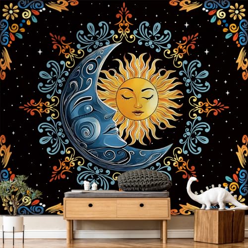 Tichgeim Sun and Moon Tapestry Wall Hanging, Boho Hippie Vintage Celestial Starry Sky Tapestries, Flower and Stars Wall Decor for Bedroom Living Room and Dorm 51in × 60in - color: Sun and Moon Tapestry, size: 60"L x 51"W