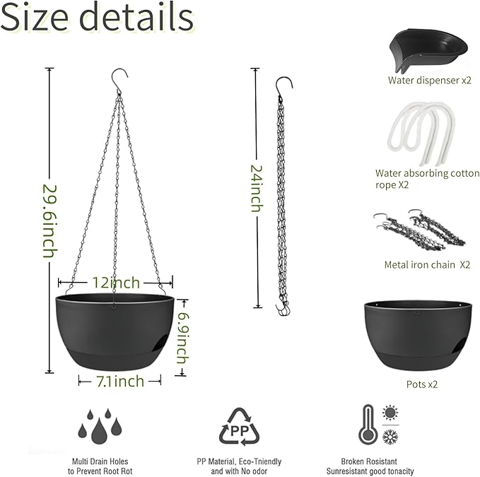 12 Inch Self Watering Hanging Planters 2 Pack, Indoor Outdoor Hanging Pots for Plants with Drainage Holes & Saucers, Black Plastic Hanging Baskets for Kitchen Balcony Garden