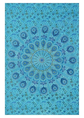 FURNISHFUL FINESSE Handmade Cotton Peacock Mandala Tapestry - Vibrant Turquoise Ombre Boho Wall Decor, Bohemian Hippie Room Hanging for Bedroom & Living Room - 30X40 Inches - color: Turquoise, size: 40"L x 30"W