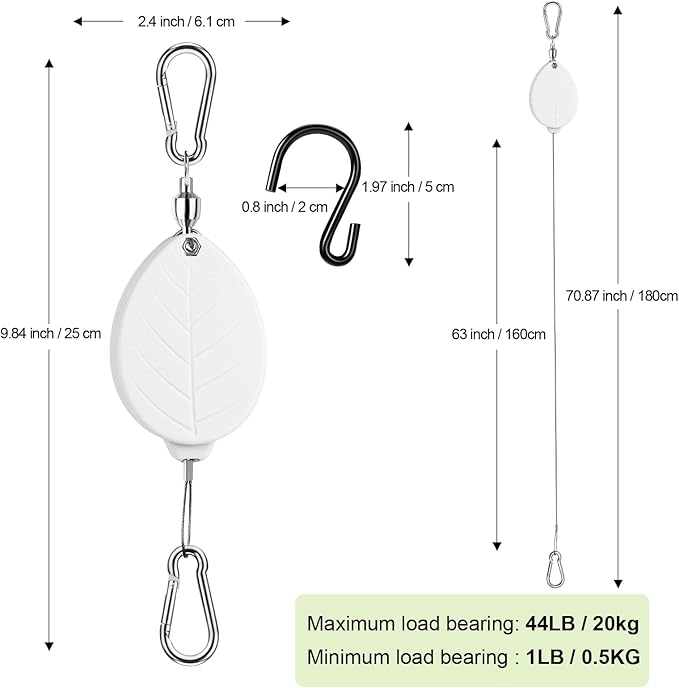 2026New 3Pcs Retractable Plant Hanger with Leaf Texture,44Lbs Load Capacity,Auto Lock,Adjustable Hook for Hanging Plants,Bird Feed,Wind Chimes,Garden Pots,Rust-Proof Stainless Steel,White