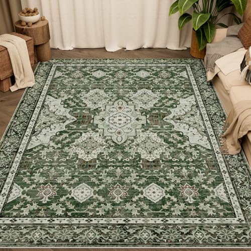 AMTOVO Area Rugs 5'x7' Washable Non-Slip, Vintage Boho Distressed Print Pattern Rugs for Living Room, Soft Low Pile Carpet for Bedroom Indoor Playroom Nursery Farmhouse Girls Room, Dark Green - color: Dark Green, size: 5' x 7' (Rectangular)