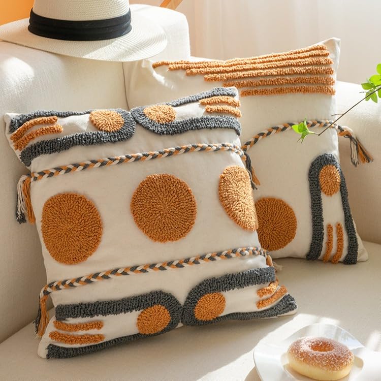 Bohemian Style Tufted Pillowcase Hand Painted Cushion Pillow Cover with Tassel Detail for Living Room Sofa and Office Lumbar Support (18 * 18(Without core),C) - color: C