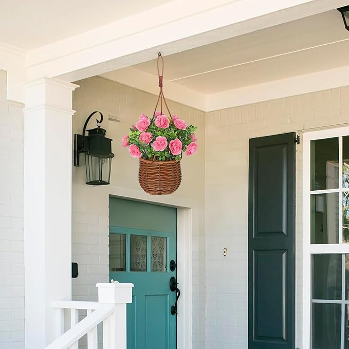 Artificial Rose Flowers with Hanging Woven Basket, Faux Blooming Roses in Fake Rattan Planter with Rope, Romantic Floral Arrangement for Home Wall Porch Patio Balcony Summer Wedding Decor, Light Pink