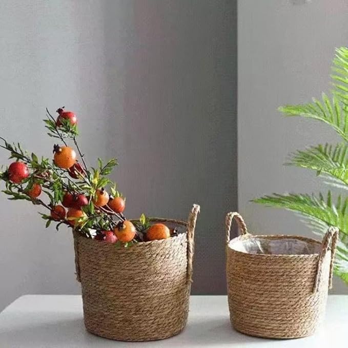 7 inch Seagrass Handmade Wicker Planter Basket with Handle for Indoor Plants Succulent Pot, Multipurpose Hand Woven Storage Basket Flower Pot for Home Decor, Living Room Storage Basket (7.87''X7.87'')