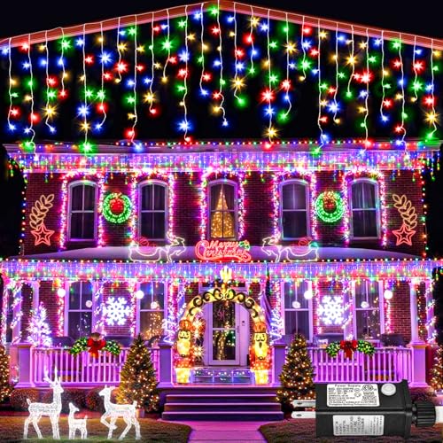 Icicle lights Outdoor - 66ft Christmas Lights with 640LED 120 Drops 8 Modes, Plug in Curtain String Lights Waterproof for Holiday Wedding Party Home Garden Bedroom Indoor Outdoor Decoration,Multicolor - color: Multicolor, size: 640LED/66ft