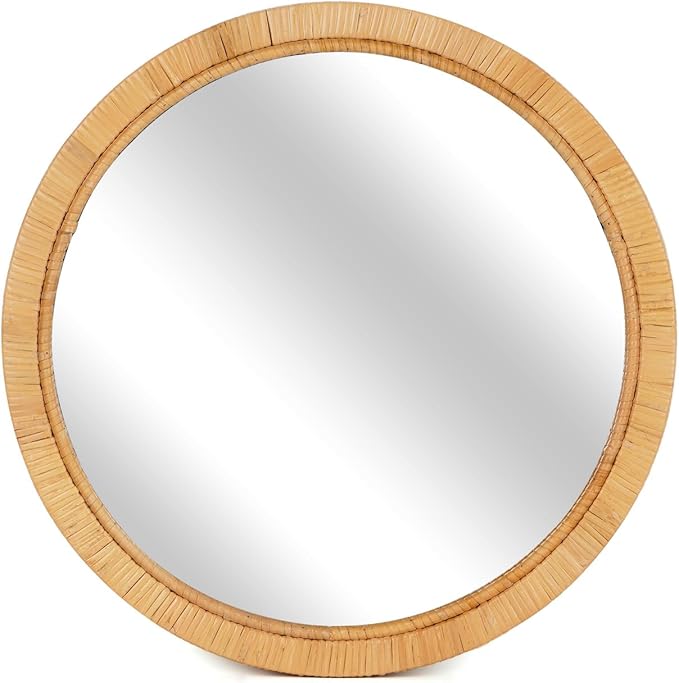 Rattan Wall Mirror - 20" Boho Round Bathroom Mirror Decorative Farmhouse Circle Mirror for Vanity Entryway Living Room Wall Decor