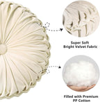 HIG Set of 2 Decorative Round Pleated Throw Pillows,Classy Accent Pumpkin Throw Pillows with Center Button,Vintage Velvet Floor Pillows for Sofa Vanity Chair Bed, Beige,14.5" Diameter(Ripple)