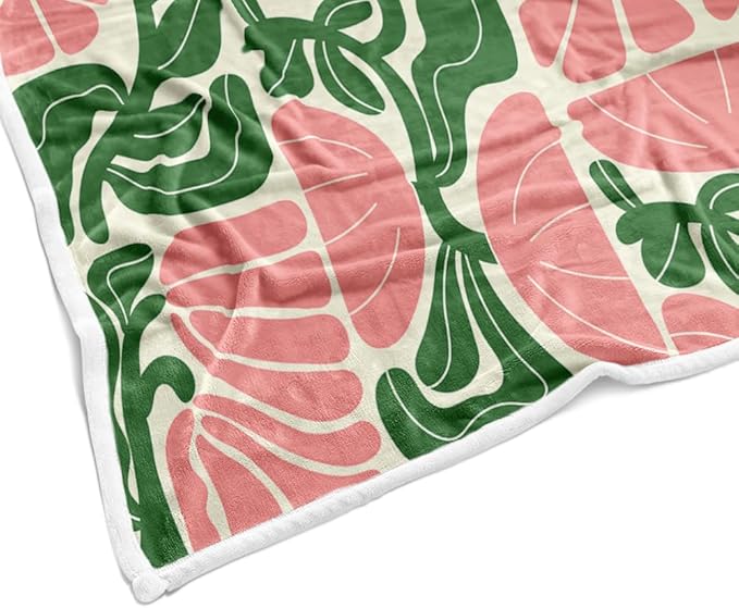 Boho Abstract Colorful Floral Throw Blanket, Vintage Retro Patchwork Pink Green Flower Botanical Geometric Aesthetic Groovy Flannel Throw Blanket for Chair Bed Sofa Couch, 60X70IN