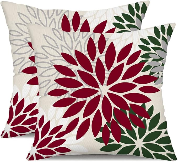 DFXSZ Wine red Dark Green Flower Pillow Covers 18x18 Inch Set of 2 Outdoor Throw Pillows Outdoor Waterproof Decor for Living Room Sofa Patio Funiture Garden Floral Polyester Pillow Covers 002W18