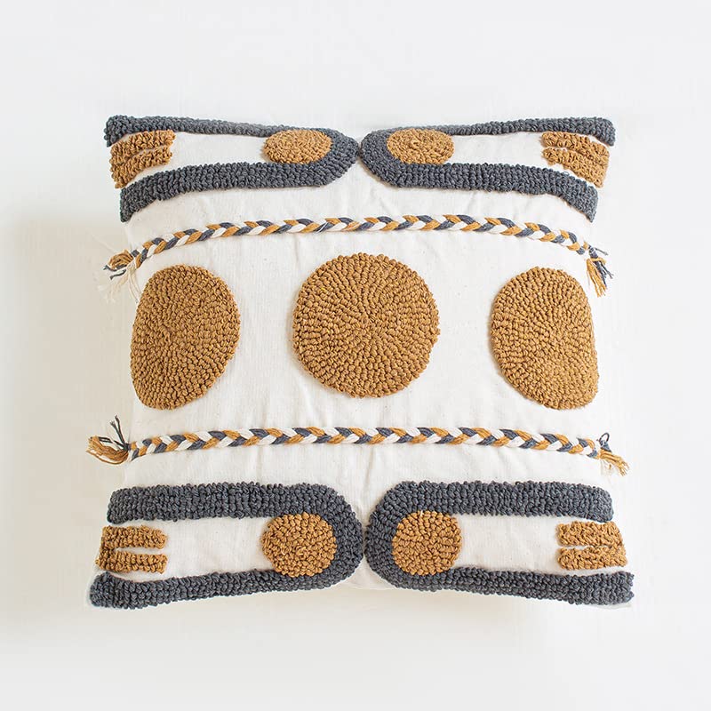 Boho Tufted Throw Pillow Covers Braided Pillow Covers Farmhouse Pillow Covers with Embroidered Geometric Pattern Decorative for Couch Bed Living Room Outdoor (18"x18"Tufted-A)