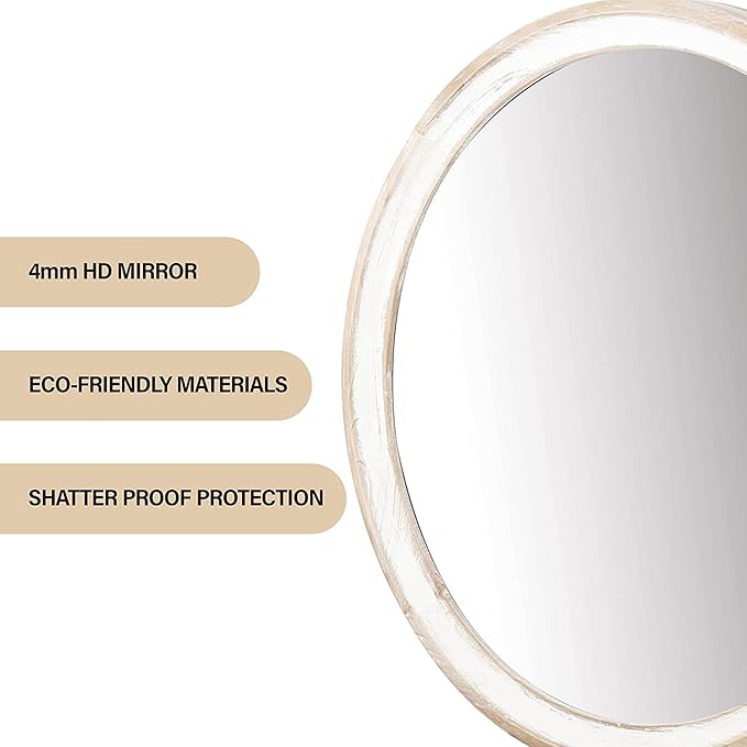 24 Inch Farmhouse Wooden Round Wall Mirror for Home Decor, Rustic Decorative Circle Mirrors for Bathroom Over Sink, Bedroom, Entryway, Living Room, Kithen, Office