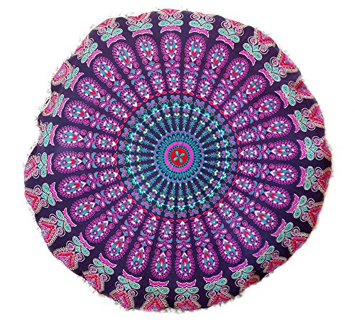 Rastogi Handicrafts 32" COR Mandala Floor Pillow Cushion Seating Throw Cover Bohemian Ottoman Poufs, Pom Pom Pillow Cases,Boho Indian (Purple 2) - color: Purple 2