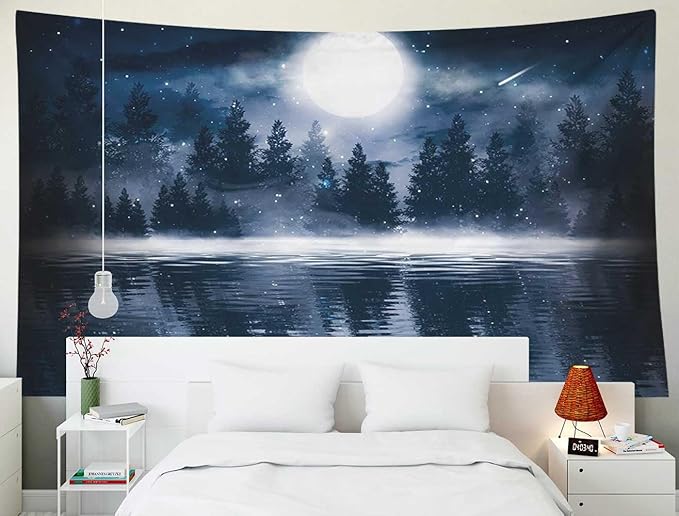 EMMTEEY Moon Tapestry - Dark Forest with Big Moon, Moonlight Smoke Shadow, Cold Night View, Night Sky - 60x40 Outdoor Wall Hanging
