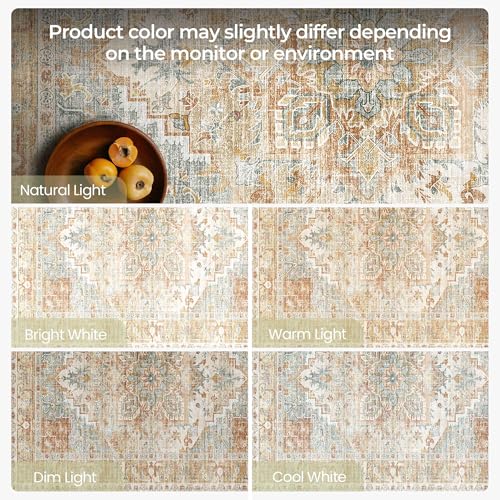 Kokia Washable Area Rugs 9x12 Living Room Boho Non Slip Thin Carpet Stain Resistant Vintage Orange Printed Oriental Distressed Rug for Bedroom Low Pile - color: 02/Orange/Cream/Affogato/Gray, size: 9' x 12' (Rectangular)