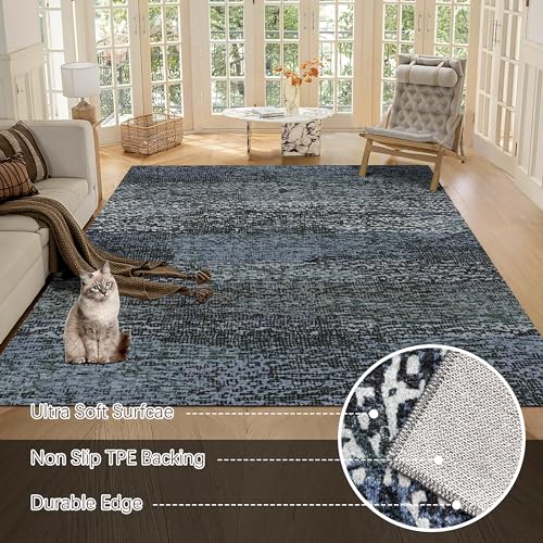 RUGSURE Washable Area Rug - 1/6 Thick - Stain & Water Resistant Non-Slip - Resistant Rug for Living Room, Bedroom, Nursery, Pet & Child Friendly, Vintage Charm Area Rugs (Darkgrey+Bule, 4' x 6') - color: Depth-darkgrey+bule, size: 4' x 6' (Rectangular)