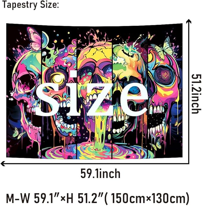 Heopapin Blacklight Skull Art Tapestry UV Reactive Neon Skeleton Butterfly Tapestries Trippy Blacklight Horror Face Tapestry Halloween Aesthetic Wall Decor Tapestries for Home W59×H51