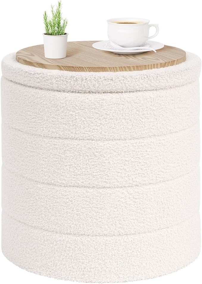 PINPLUS Round Storage Ottoman Foot Rest Stool with Tray Velvet Sherpa Folding Storage Ottoman,Boucle Foot Rest for Living Room, Bedroom, Dorm,White Color
