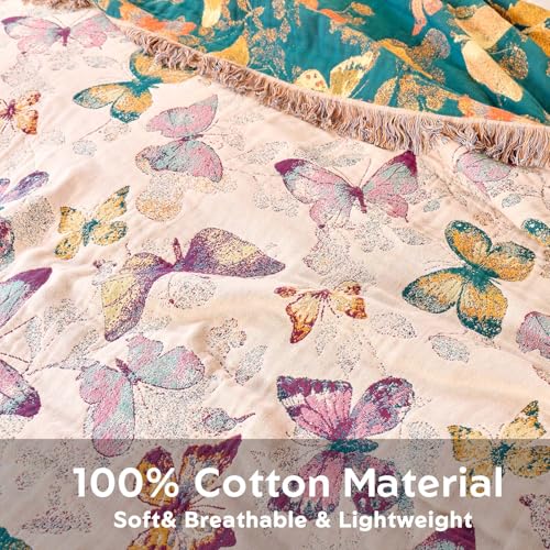 Boho Butterfly Throw Blanket 60"x80" Twin Size Bed Blanket,100% Cotton Reversible Soft Breathable Lightweight Spring Decorative Blankets with Tassels for Couch Sofa Decor All Season - color: Butterfly-white, size: 60''x80''
