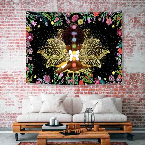 Ine Ive African Chakra Tapestry African American Woman Zen Meditation Tapestries 40x30 Inch Starry Sky Flower Garden Inspirational Afro Yoga Wall Art for Bedroom Dorm Decor - size: 40"L x 30"W