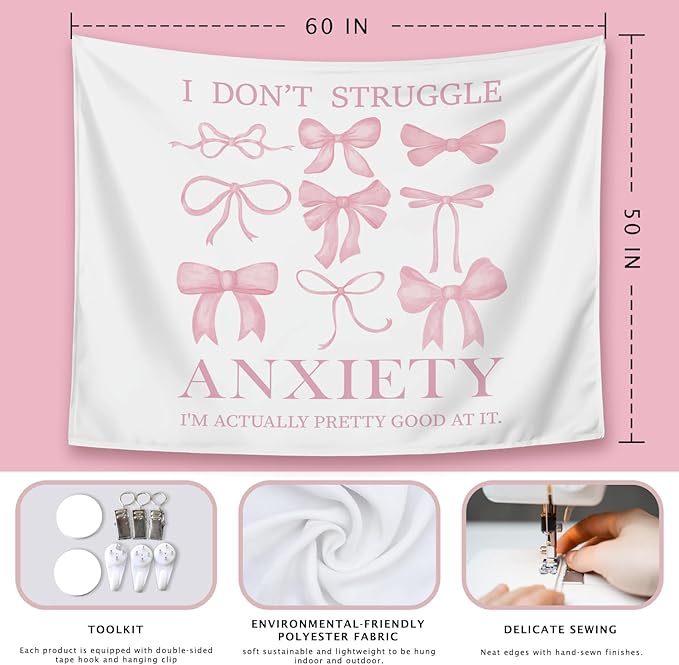 LIANGW Coquette Mental Health Pink Bow Tapestry Wall Hanging, Coquette Preppy Room Decor, Pink Girly Aesthetic Wall Blanket Decor for Girls Room Dorm Apartment, 50x60 Inch