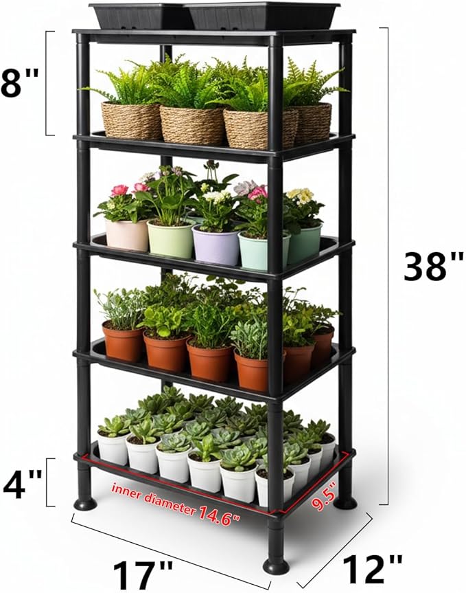 5-Tier Seed Starter Trays, Plant Stand, with Bottom-Watering Design– Reinforced Thickened Shelf for Small Pots, Balcony/Indoor Seed Starting & Greenhouse, Black