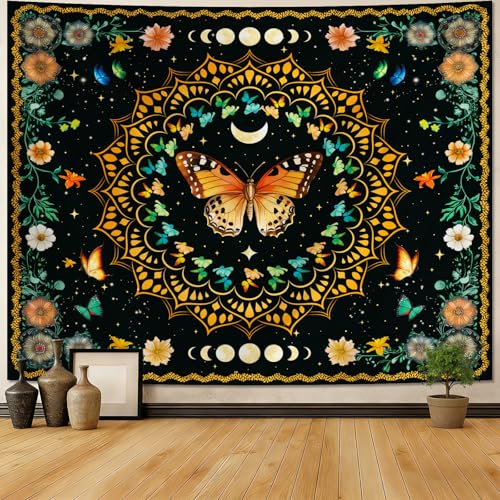 Apdidl Boho Mandala Butterfly Floral Tapestry for Bedroom, Hippie Moon Ceiling Colorful Plant Flower Tapestries Aesthetic, Bohemia Vintage Orange Moth Botanical Wall Hanging for Living Room 79" X 60" - color: Mandala Butterfly Tapestry, size: 79"L x 60"W