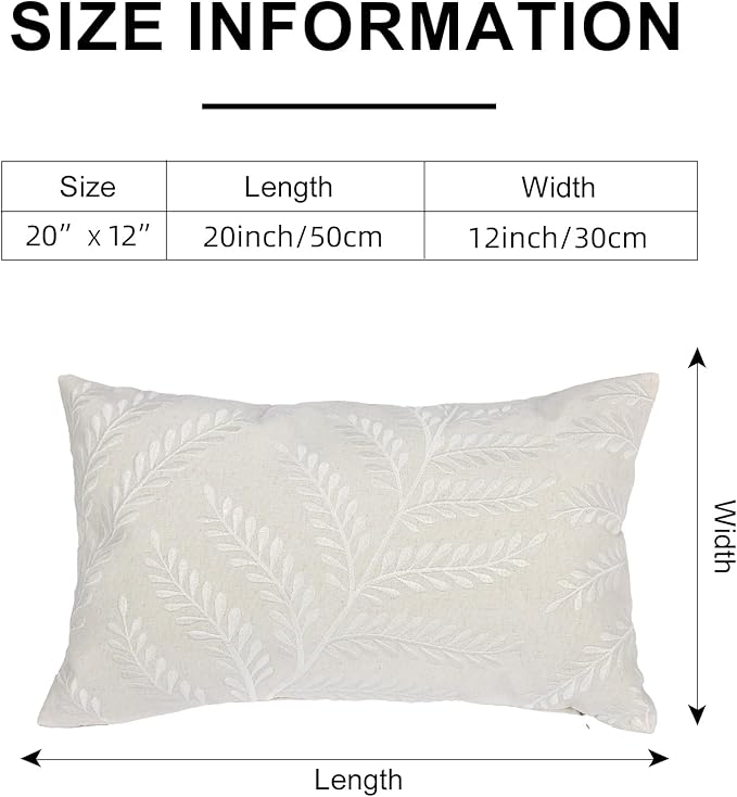 Embroidered Throw Pillow Cover 12x 20, Classical Boho Leaves Natural Linen Pillow Cushion Case, Farmhouse Home Decor for Outdoor Couch Bedroom Car White