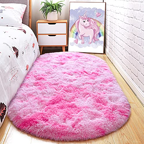 junovo Ultra Soft Washable Shaggy Rug - Non-Slip Oval Carpet for Nursery, Kids Bedroom & Home Decor (2.6x5.3ft Tie-Dye Pink) | Plush Fluffy Floor Mat for Cozy Living Spaces - color: Tie-dye Pink, size: 2.6' x 5.3'