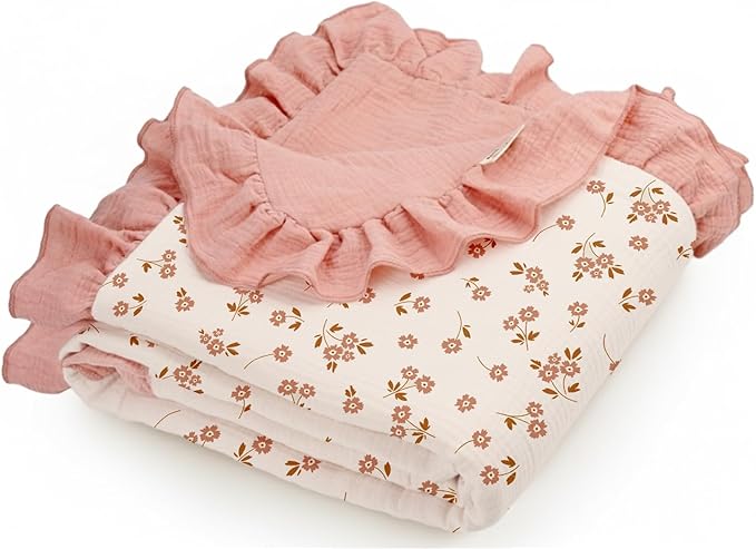 Muslin Ruffled Baby Blanket, Extra Large 52 x 52 Inches, Soft Breathable Cotton Crib Blanket for Newborn Infant Toddler (Floral & Pink-Ruffled, Printed)