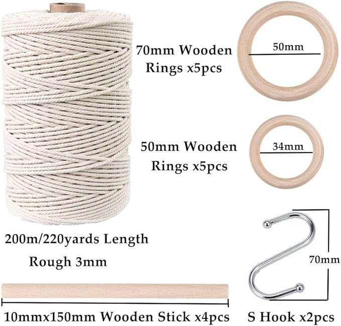 120pcs Macrame Kits for Beginners 3mm x 220yards Natural Cotton Macrame Cord Wall Hanging Kit, Best Macrame Supplies for Macrame Plant Hanger with Wooden Beads,Wooden Rings,Wooden Sticks,S Hooks