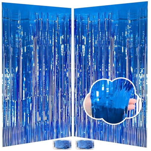 Blue Streamers Party Decorations 3.3x8.2ft, 2 Pack Dark Blue Tinsel Backdrop for Ocean Themed Party Decor, Glitter Blue Foil Fringe Curtains for Door Decorations Hanging Birthday Baby Shower Halloween - color: Blue