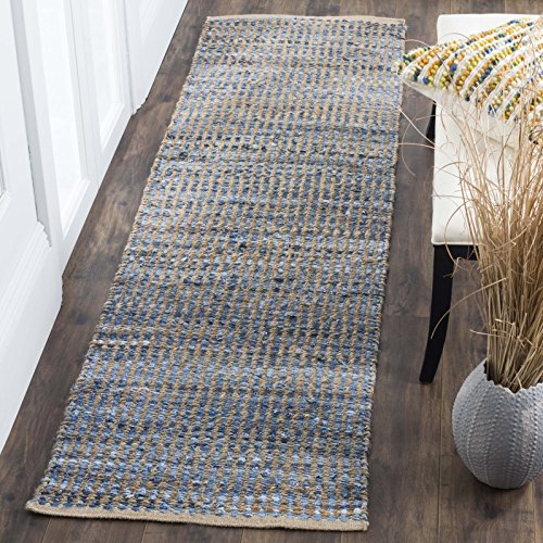 SAFAVIEH Cape Cod Collection Runner Rug - 2'3" x 8', Natural & Blue, Handmade Flat Weave Coastal Braided Jute, Ideal for High Traffic Areas in Living Room, Bedroom (CAP352A) - size: 2'3" x 8' (Runner)