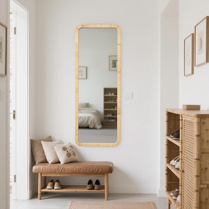 18"x48" Long Rattan Mirror Rattan Full Length Mirror Rectangle Wooden Framed Full Body Mirror Floor Mirror Lean Against Wall Farmhouse Wicker Mirror for Bathroom Entryway Living Room Bedroom