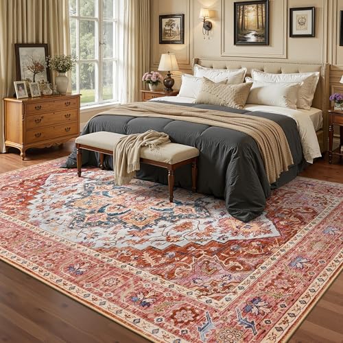 Foxmas 5x7 Area Rugs for Living Room, Machine Washable Vintage Rug, Non-Slip Low Pile Throw Rugs with Rubber Backing Washable Carpet for Bedroom Dining Room Kitchen Home Decor, Orange - color: Orange, size: 5' X 7' (Rectangular)
