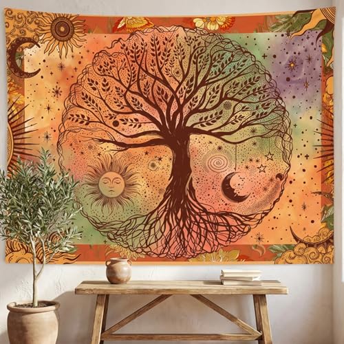 Lifeel Boho Orange Tree of Life Tapestry, Sun Moon Stars Aesthetic Nature Tapestries Home Decor for Living Room Bedroom, 44x60 inches - color: Orange, size: 60"L x 44"W